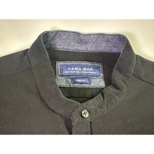 Zara Man Black‎ Shirt XL Slim Fit Band Collar Short Sleeve Cotton Summer Casual